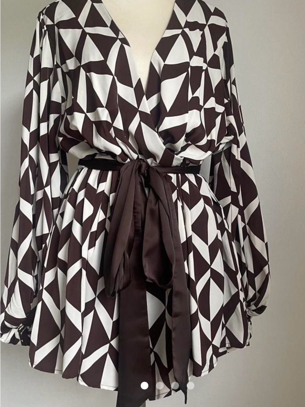 Fashion Nova Brown & White Geometric Wrap Romper with Tie